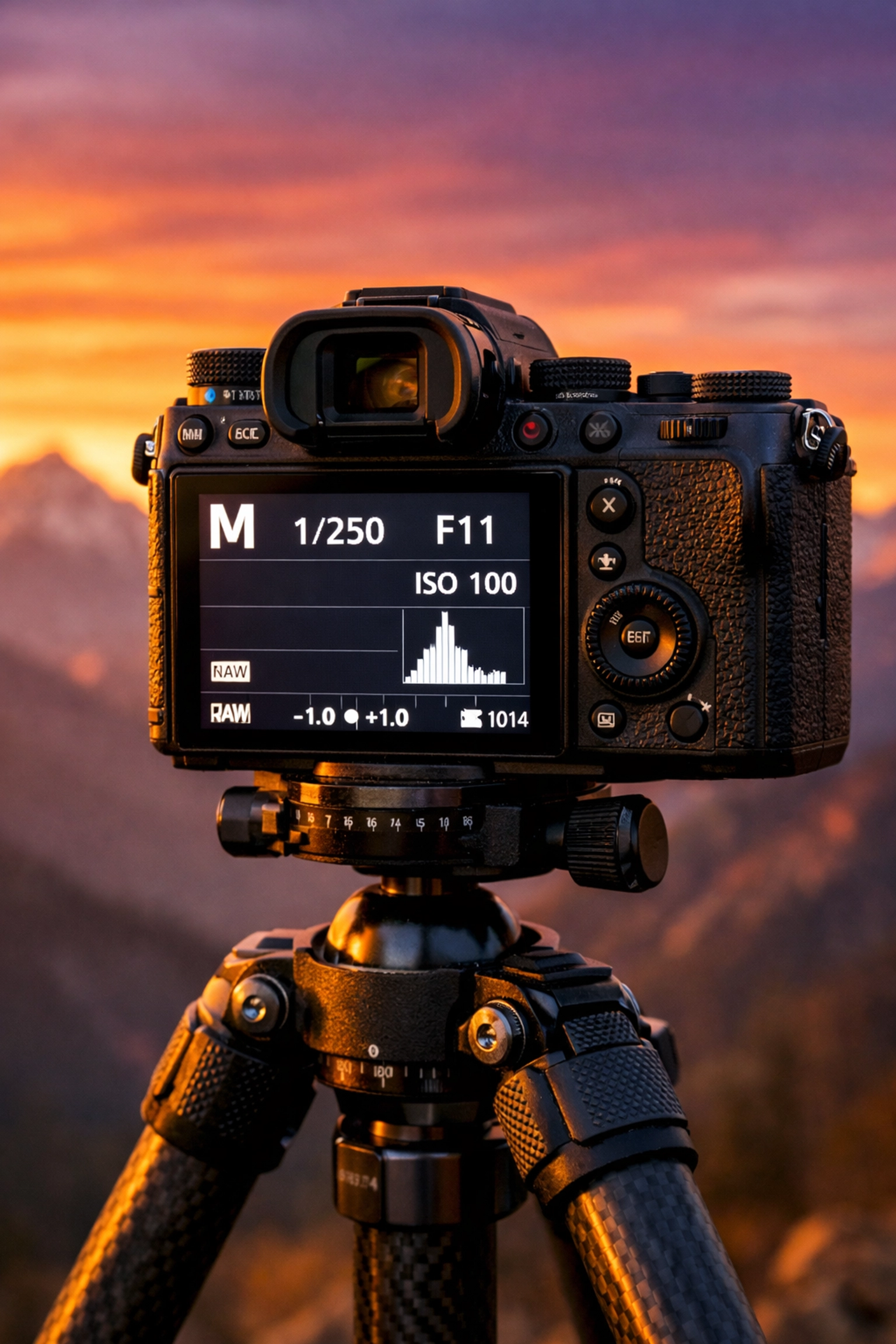 Camera on a tripod displaying how to use manual mode camera settings for sharp landscape photography.