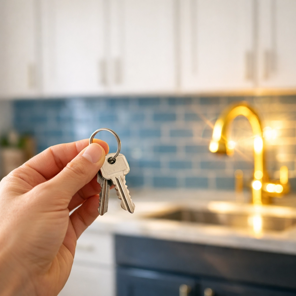 Hand holding house keys in a spotless Cambridge kitchen after professional move-out cleaning.