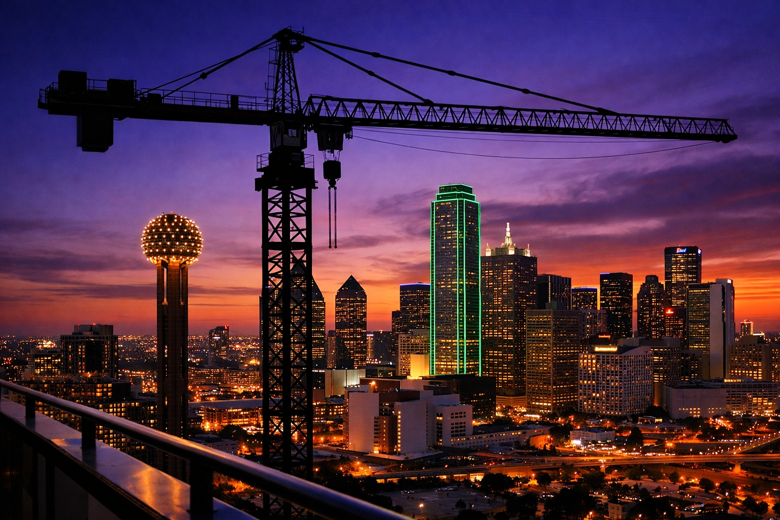 Construction crane silhouette against the Dallas skyline representing growth for DFW trade businesses.