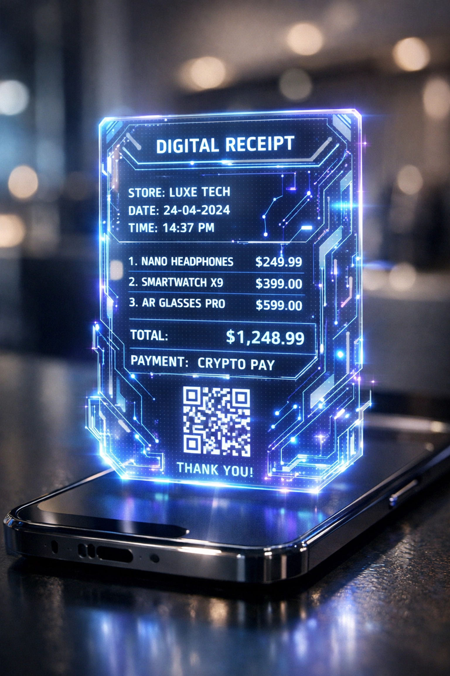 Holographic NFT receipt over a smartphone for secure Larecoin Web3 digital asset verification.