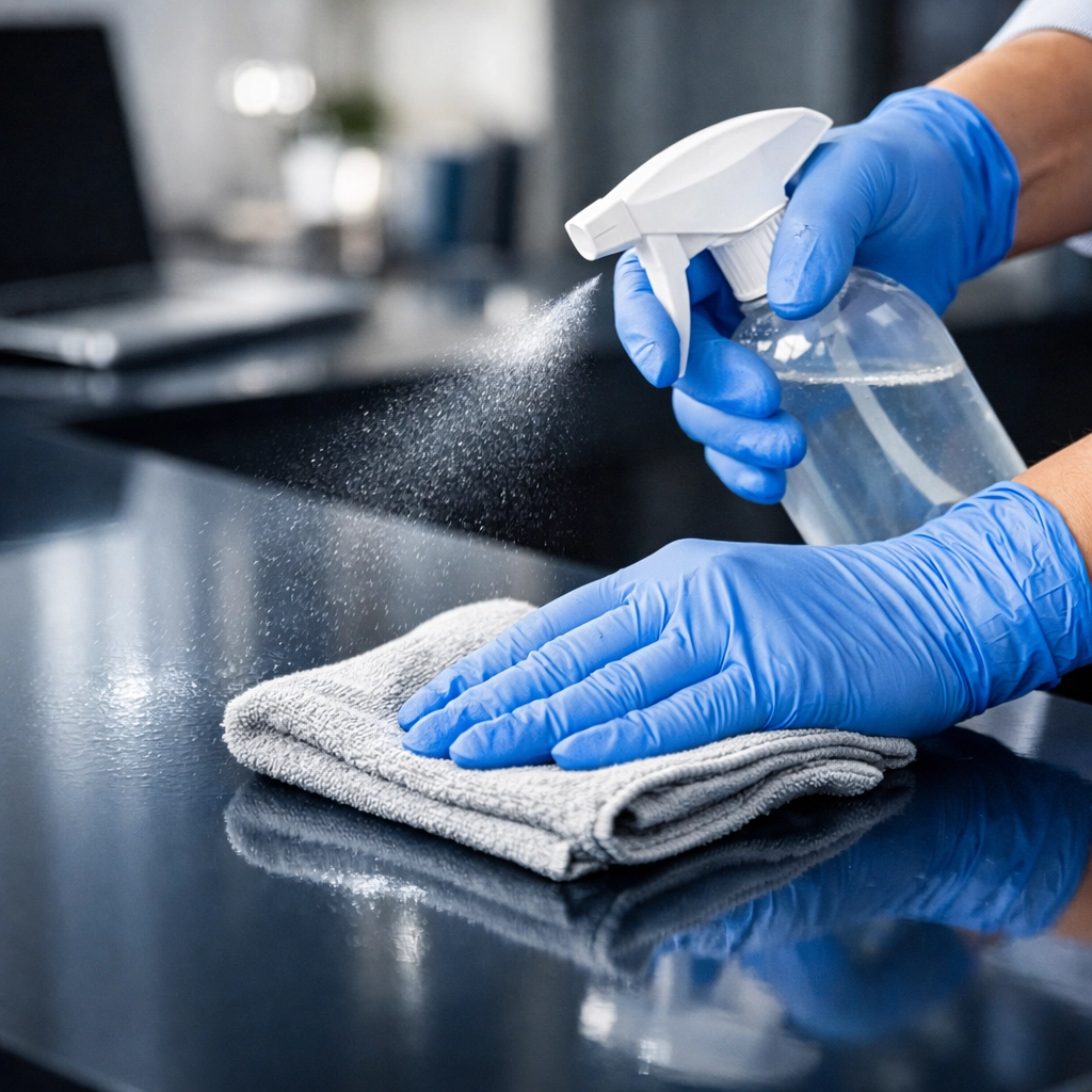 Expert office cleaning team sanitizing high-touch surfaces in a Scituate commercial office space.