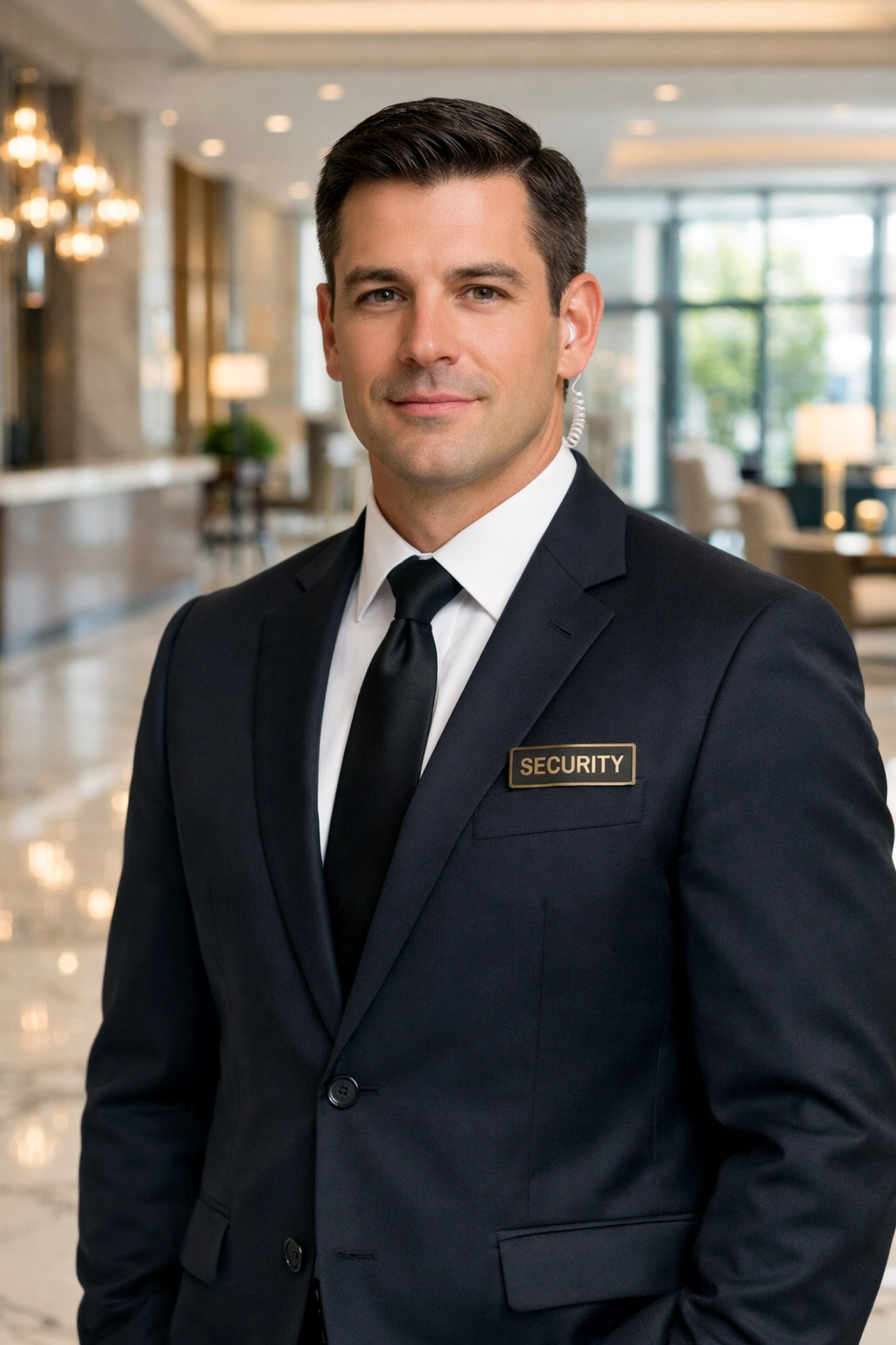 Professional corporate security guard in a suit providing concierge services in a luxury hotel lobby.
