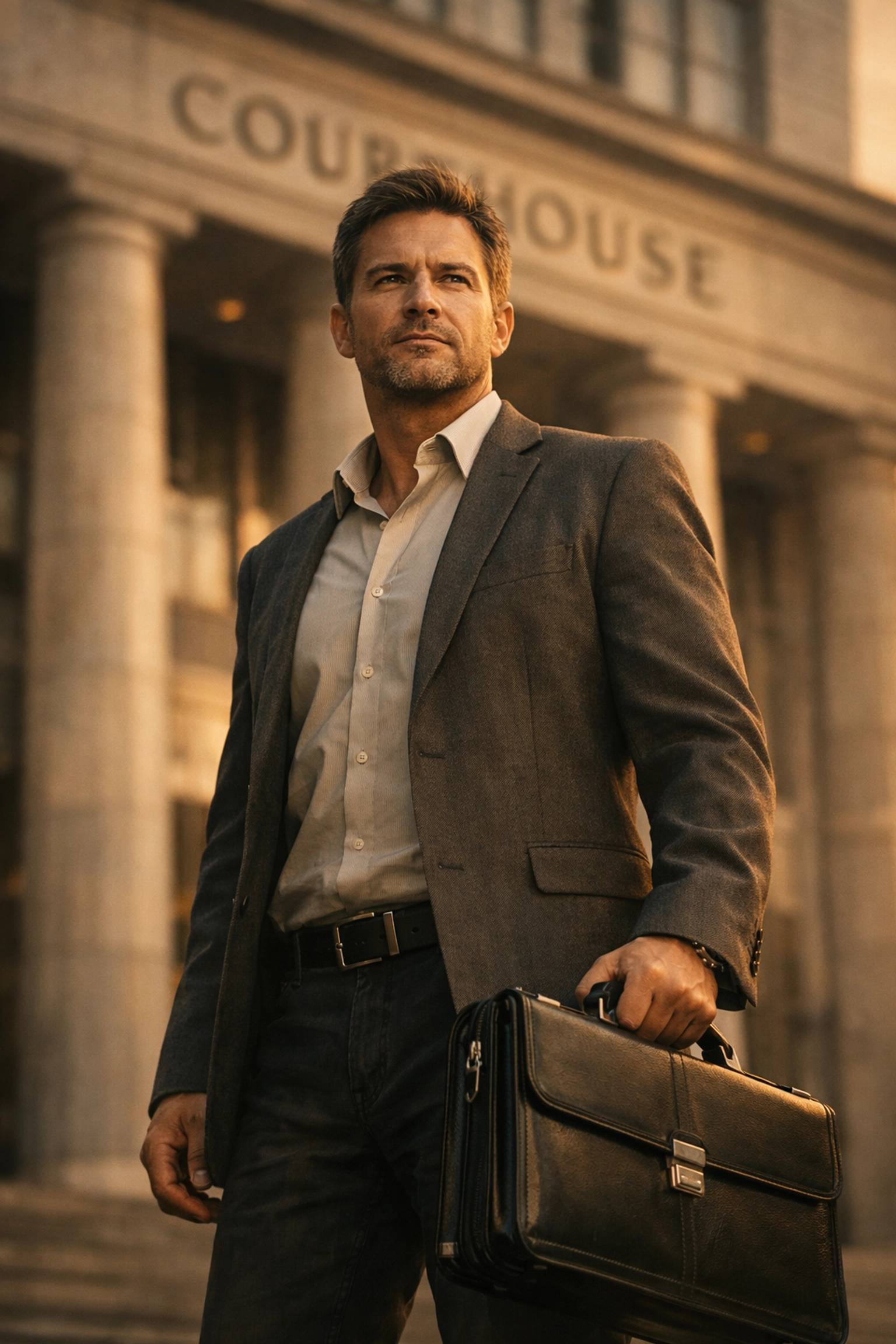 California private investigator outside courthouse with legal briefcase