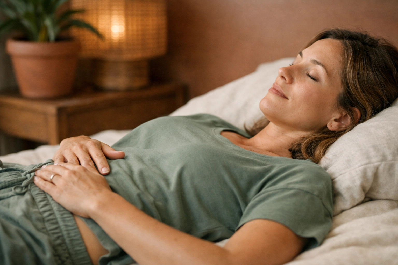 Woman practicing natural liver detoxification with a castor oil pack to support metabolic health and healing.