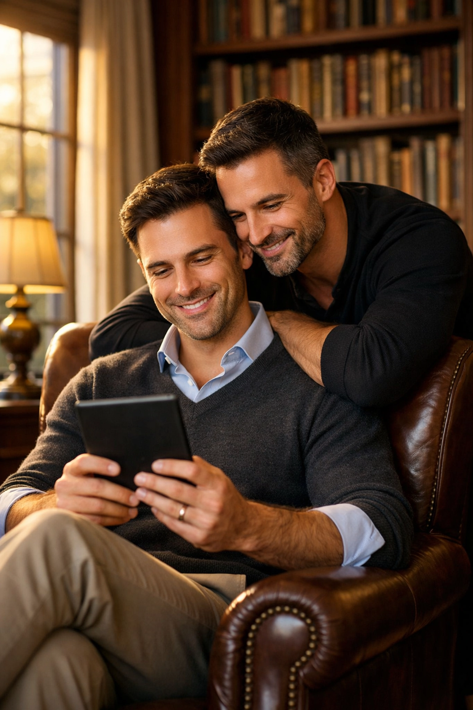 A gay couple sharing an intimate moment while reading a high-quality MM romance e-book.