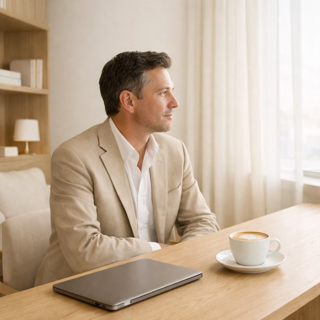 A revenue manager using AI automation to focus on strategy in a modern hotel library setting.