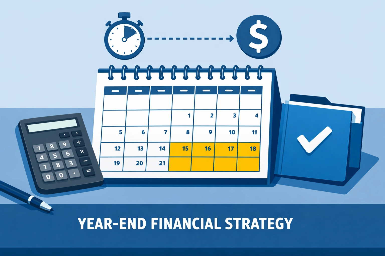 Small business year-end tax planning illustration showing a December calendar and tools for expense timing strategies.