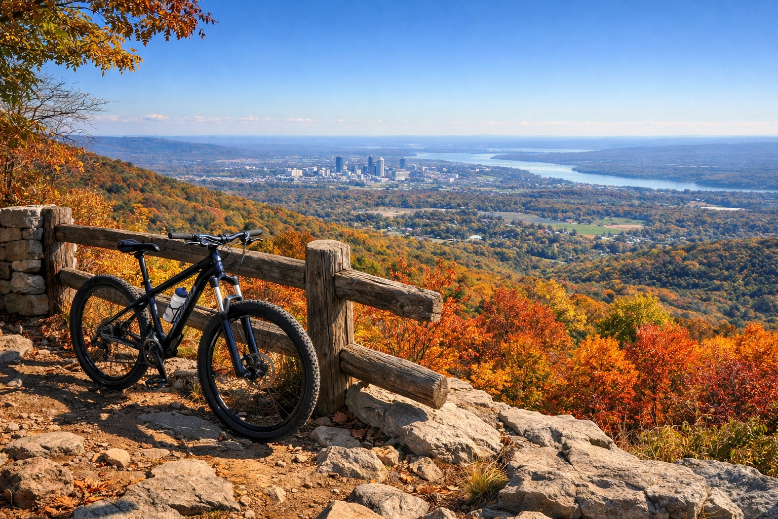 Scenic autumn overlook of the Huntsville Alabama valley from a hiking trail at Monte Sano State Park.