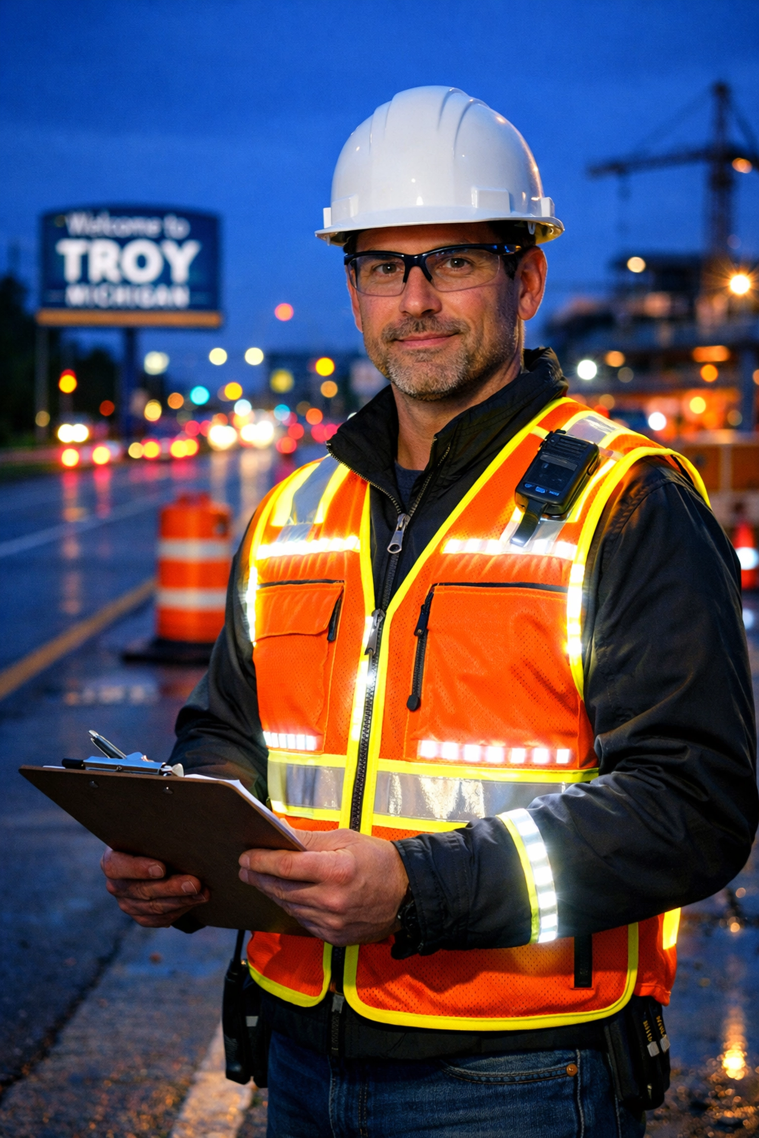Professional wearing an IllumiVest LED safety vest with high-intensity white lights in Troy, Michigan.