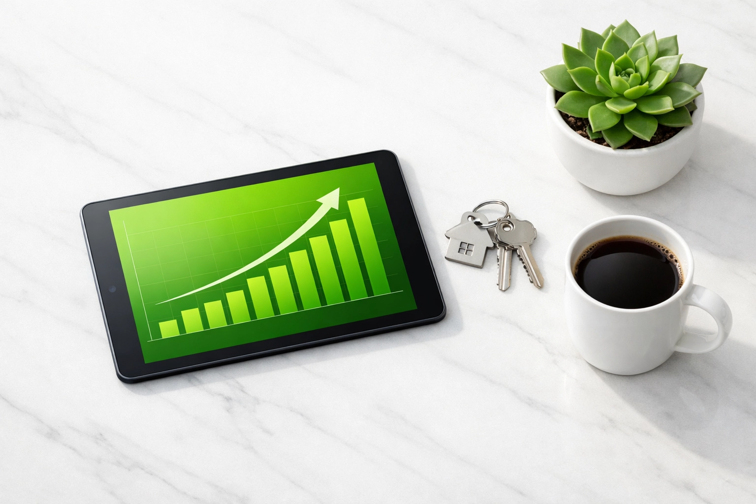 Tablet showing investment growth chart and house keys for calculating DSCR loan math in Tennessee.