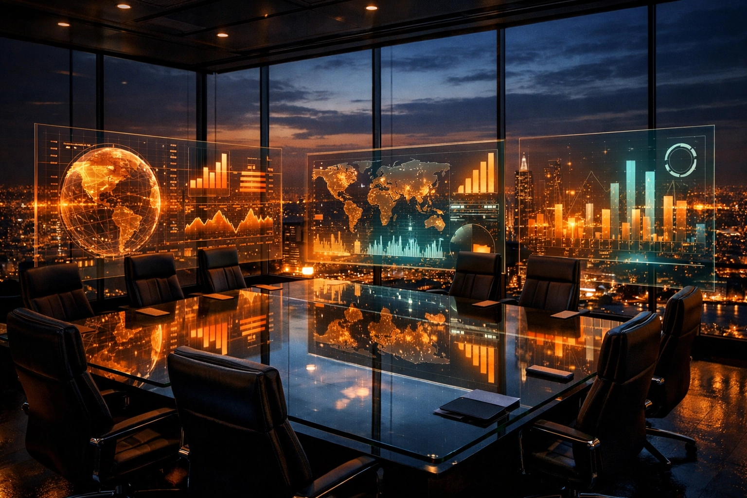 High-tech boardroom with data displays representing visionary leadership in global music marketing services.