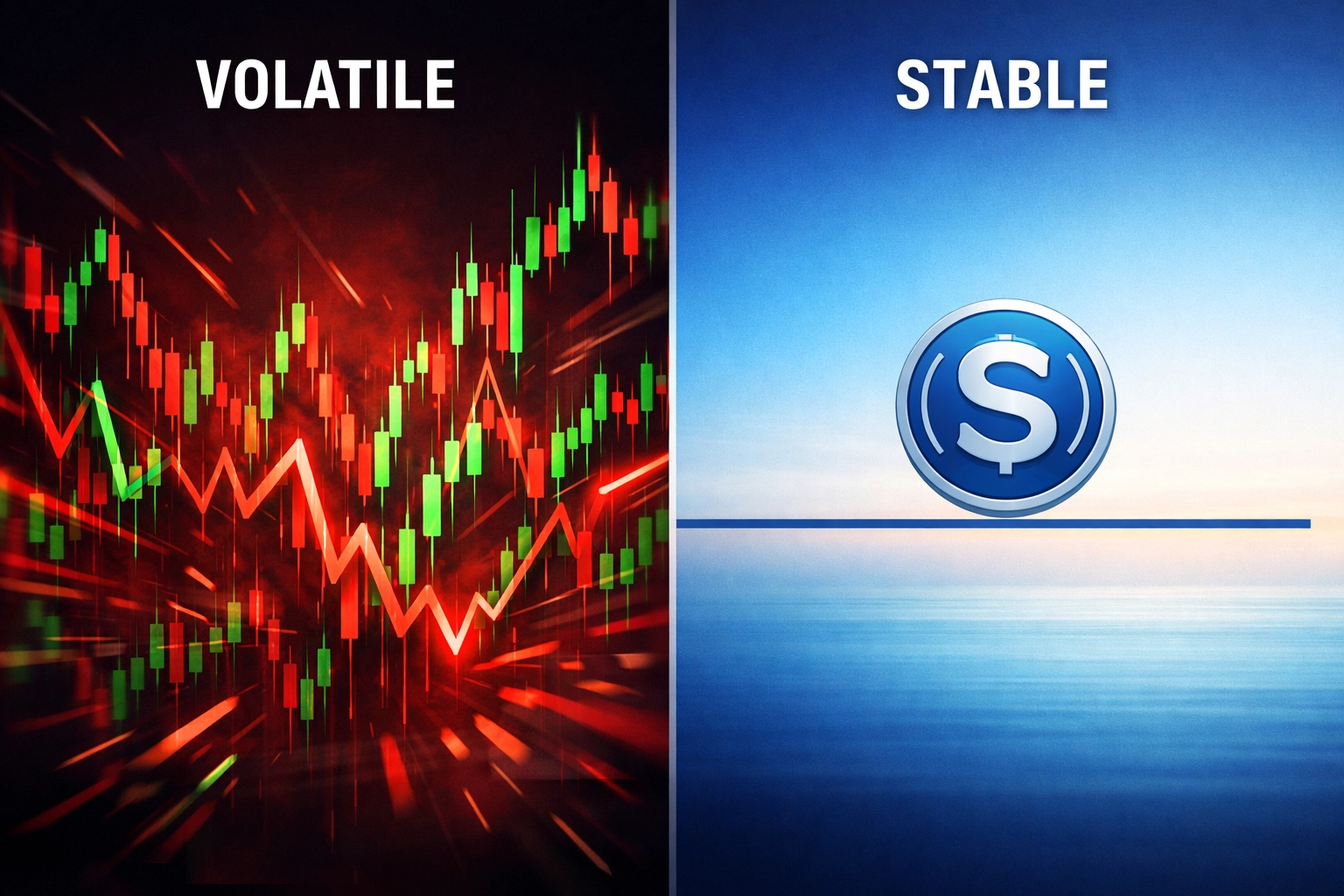 Crypto volatility versus stablecoin stability comparison showing LUSD price protection benefits