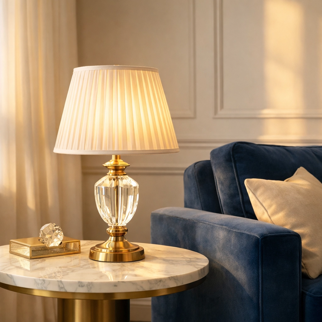 A clean, glowing pleated silk lampshade on a marble table in a bright, modern living room.