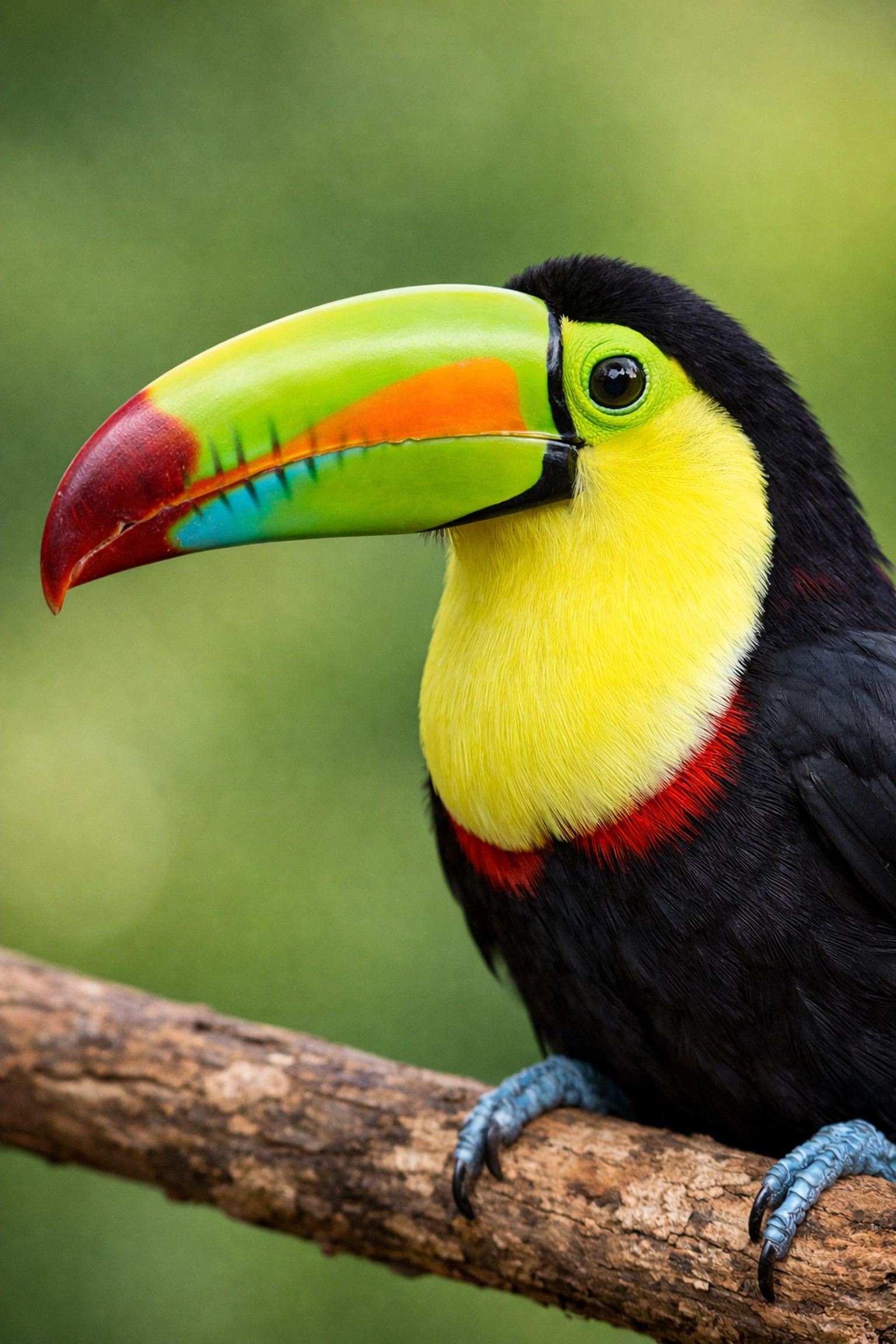 Detailed close-up of a vibrant Keel-billed Toucan perched on a branch for professional zoo photography.