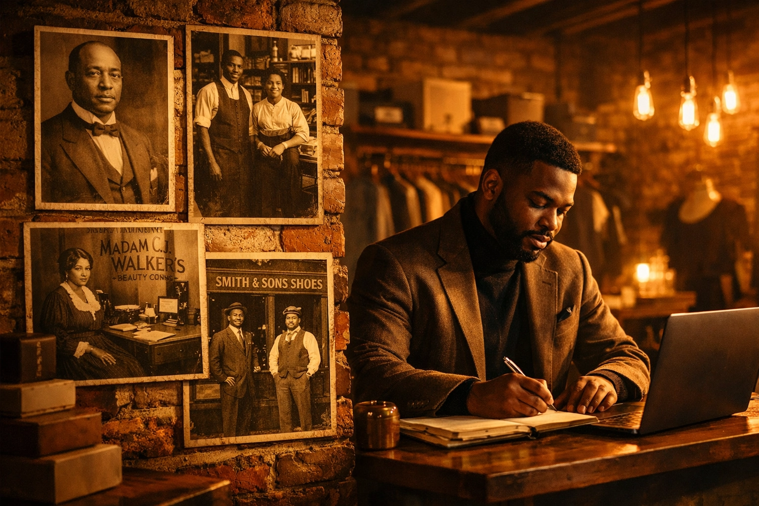 Black entrepreneur in retail space with historical photos honoring Black business legacy
