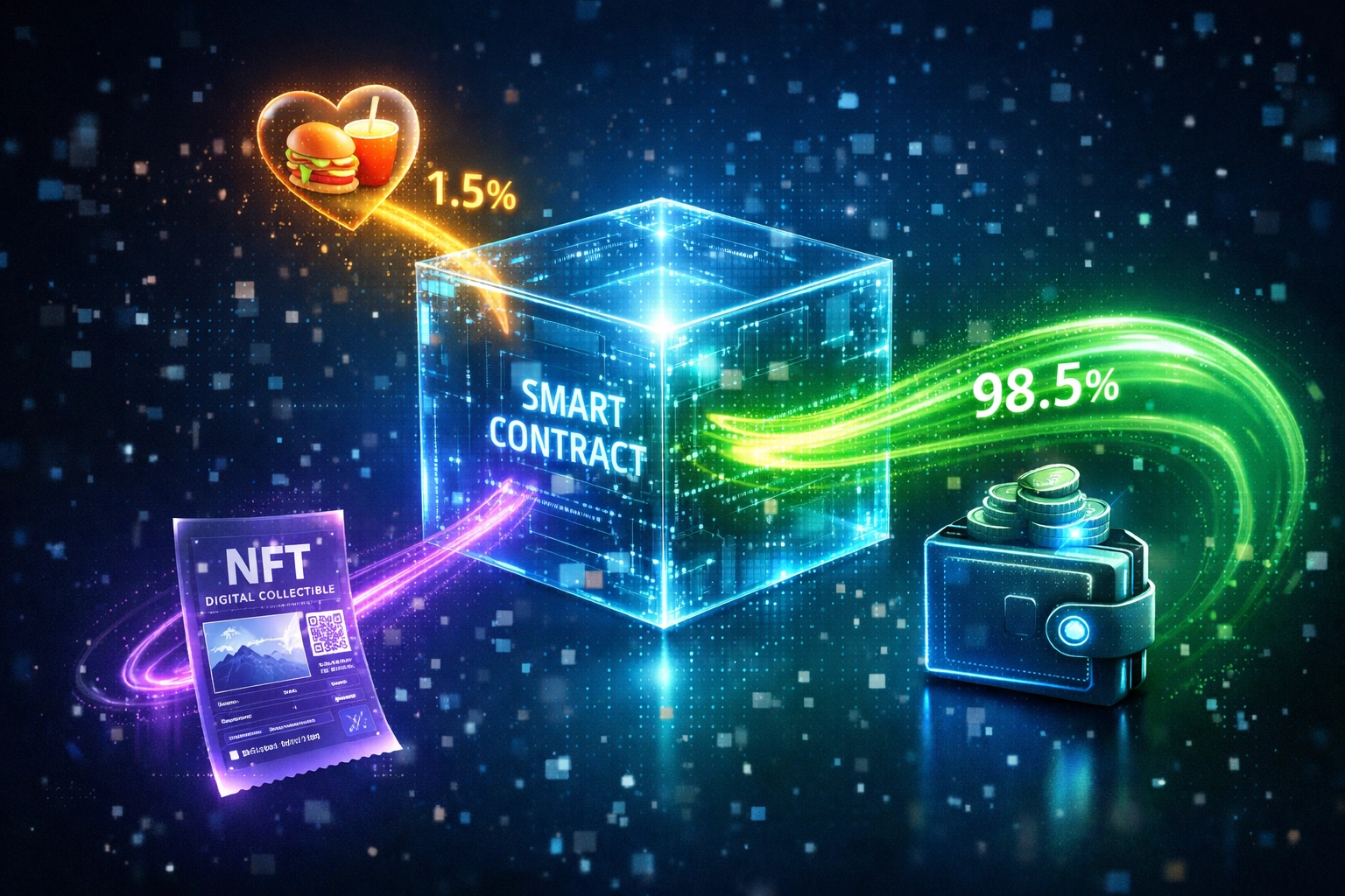 Smart contract distributing crypto payments: 98.5% to merchant, 1.5% to social impact, NFT receipt generated
