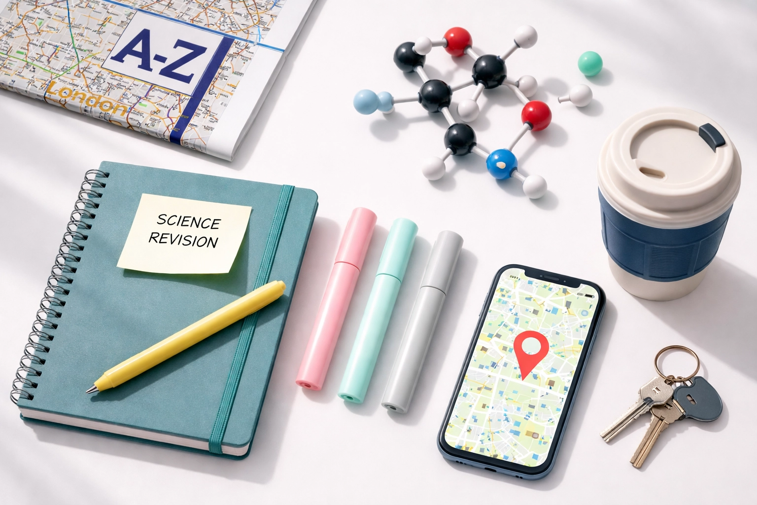 Flat-lay of science revision materials, map, and keys, highlighting local GCSE Science courses in East Dulwich.