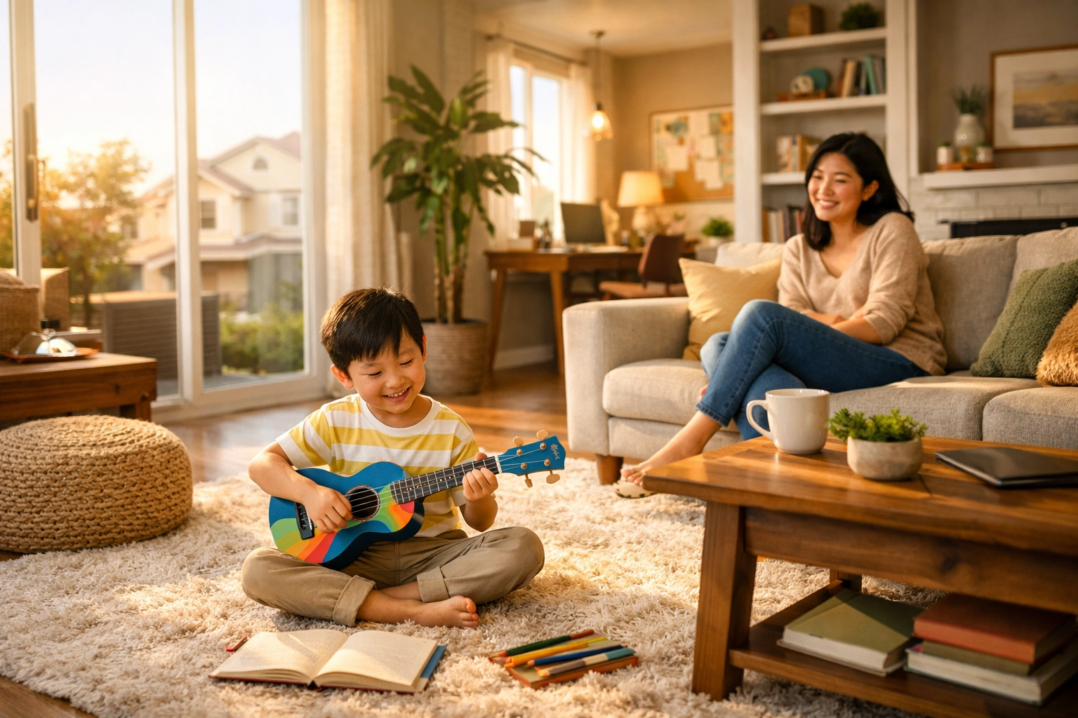 A child practices ukulele at home in Eastvale while a parent observes in a comfortable, stress-free environment.