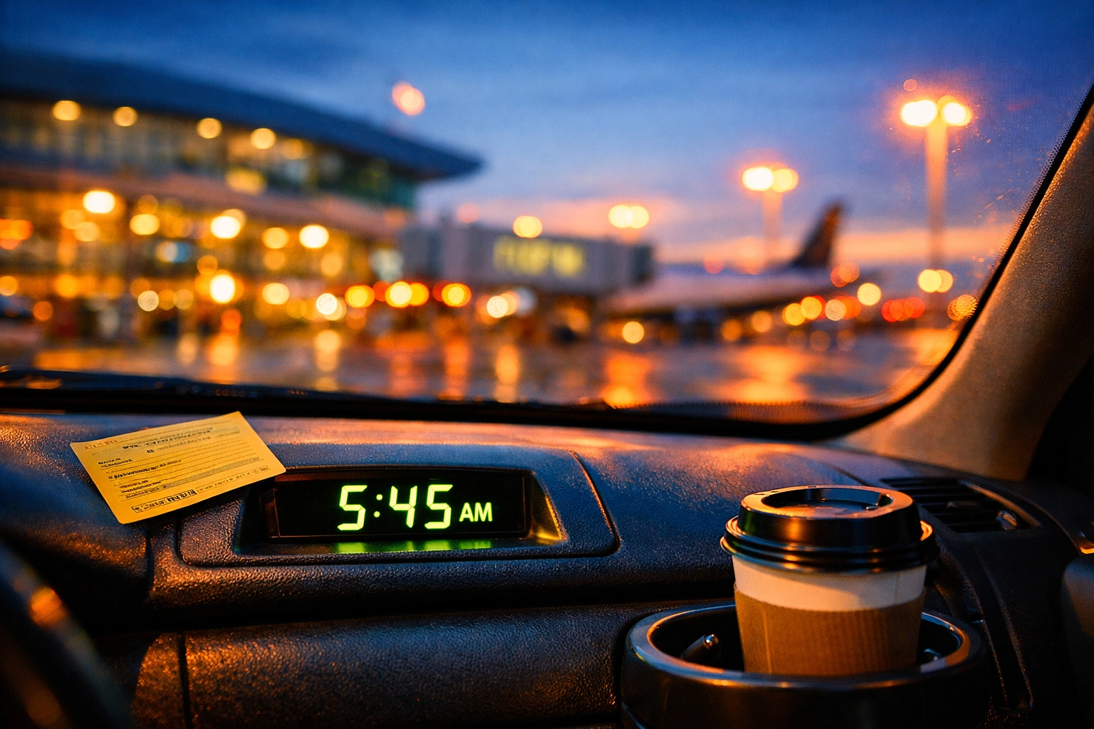 Early morning 5:45 AM departure time shown on car dashboard with airport terminal ahead