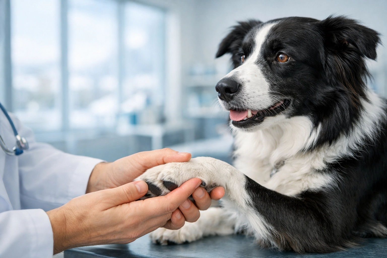 Veterinarian examining Border Collie's paw at Alaska animal clinic during wellness check