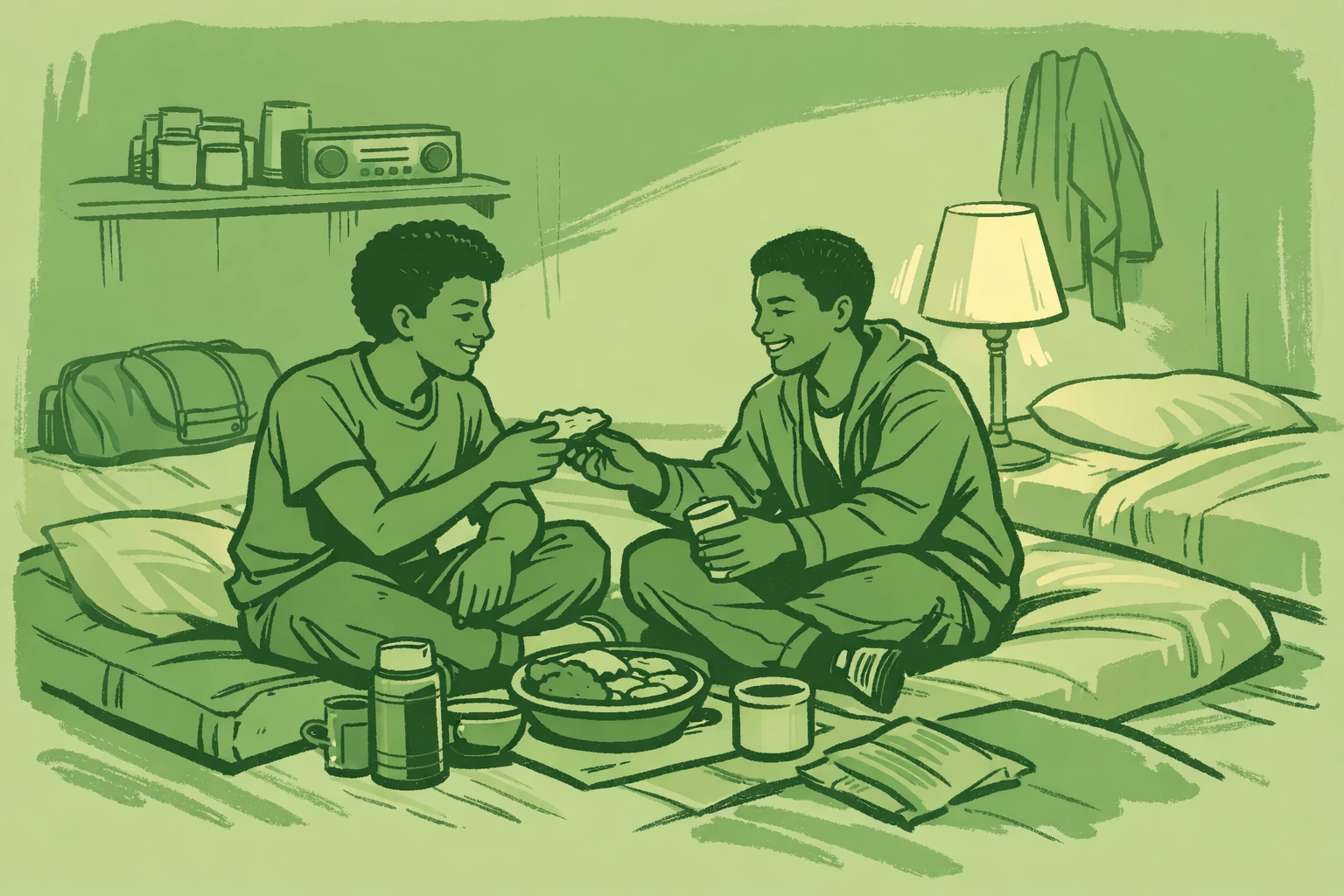 STAR House shelter interior with two young men sharing food and community