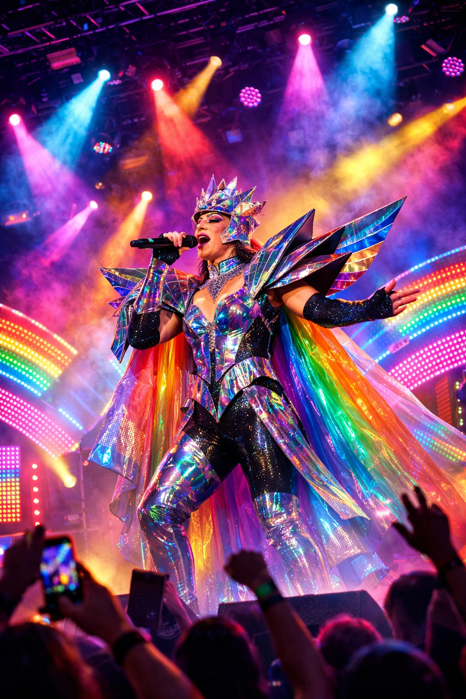 Eurovision stage performance with rainbow lighting representing Montaigne's Technicolour 2021 entry