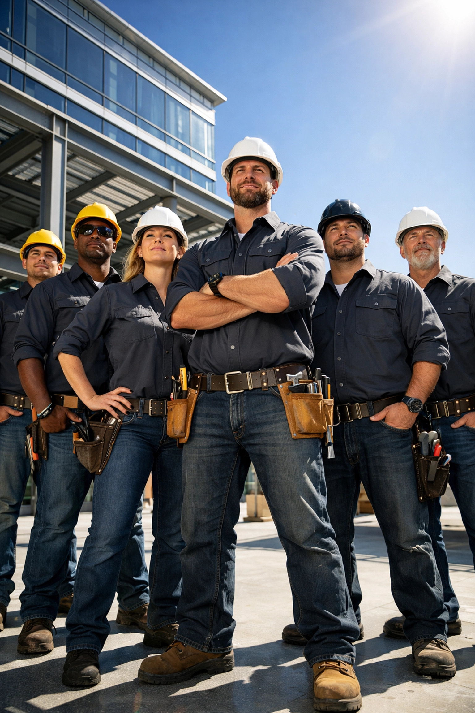 Unified construction crew wearing matching custom charcoal work shirts on a modern building site.