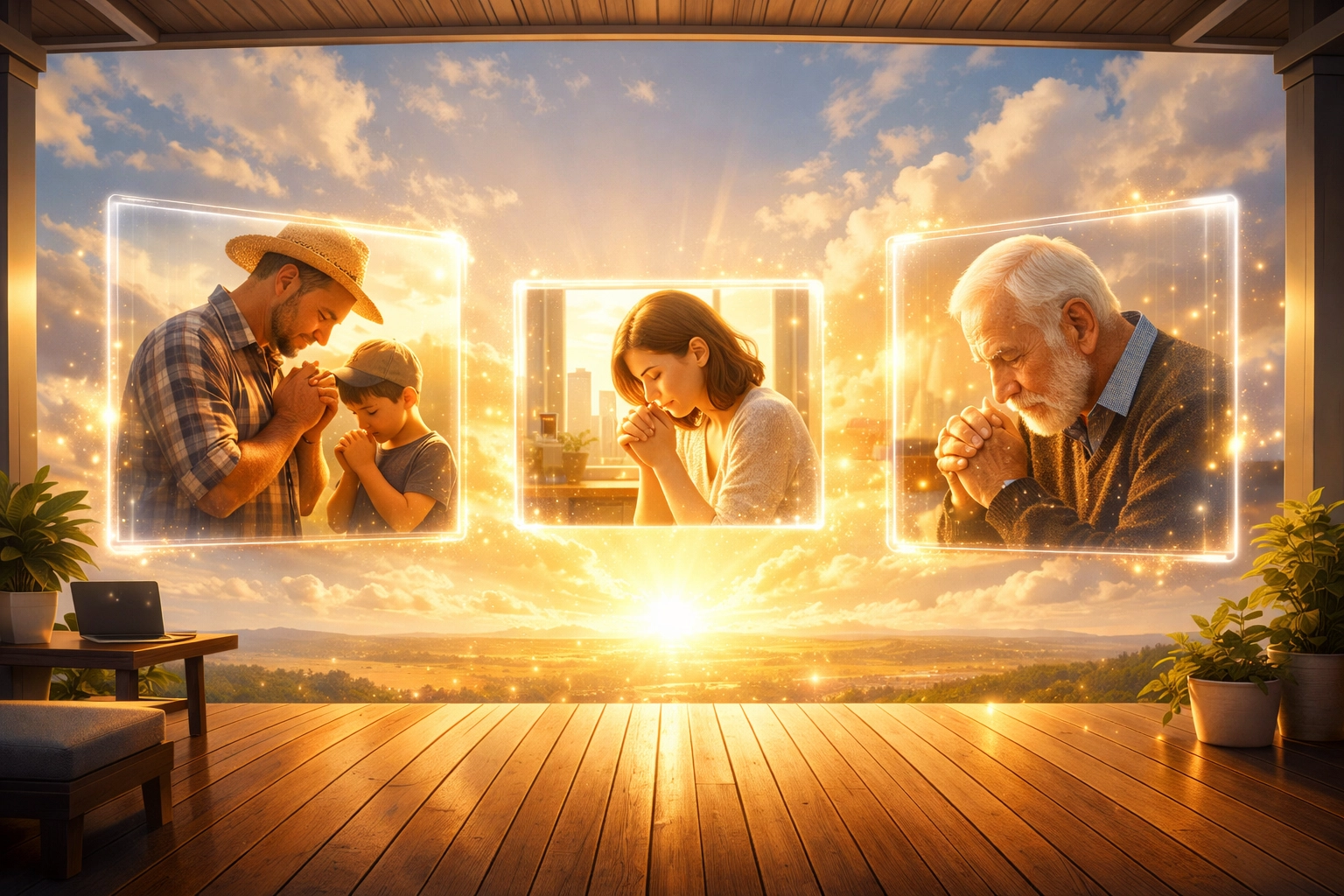 A digital porch concept showing a global community joined together in online prayer and fellowship.