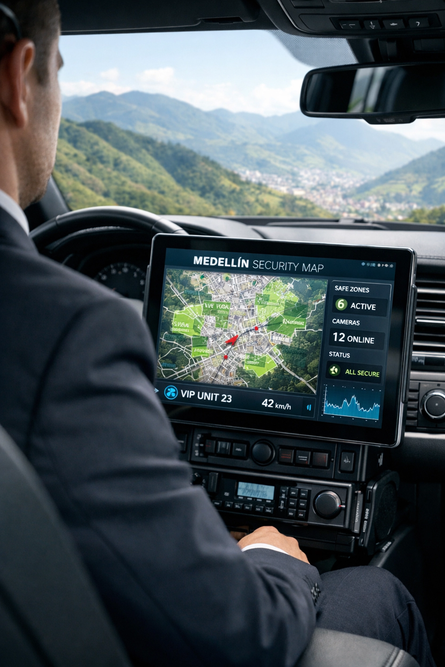 A professional security driver using advanced GPS route planning and digital maps to navigate Medellin safely.