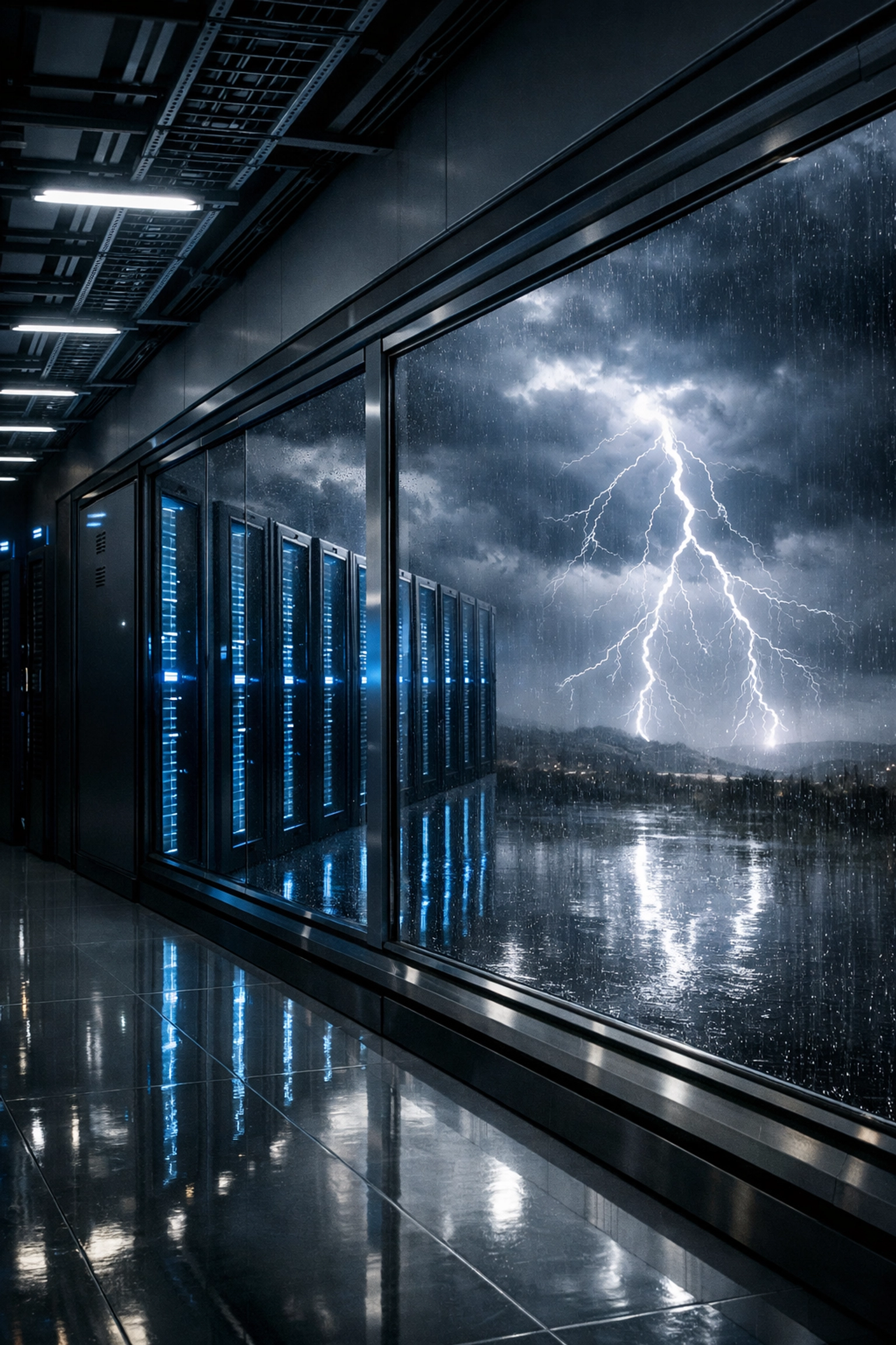 Data center server racks providing reliable power protection during a storm.