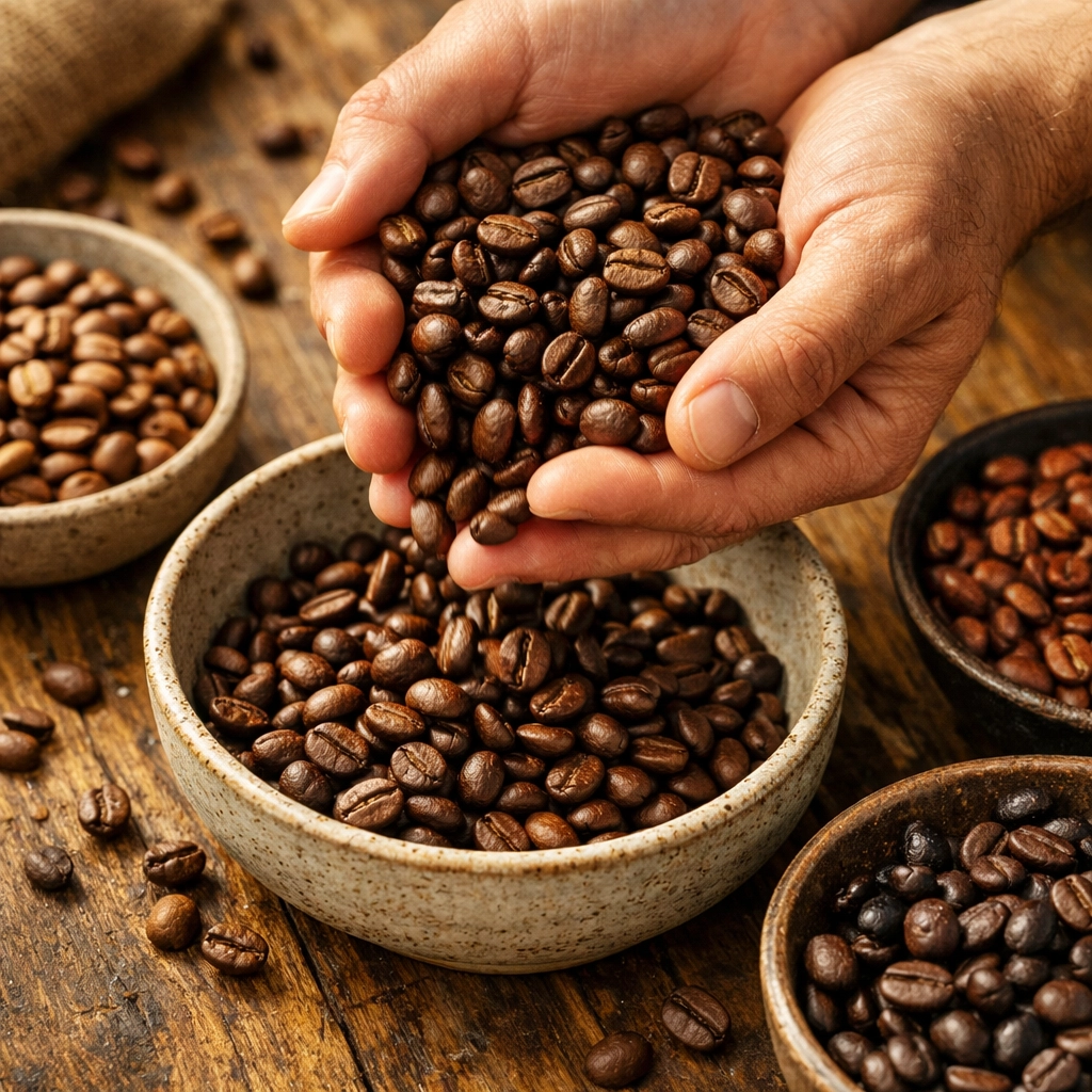 Artisan hands inspecting high-quality roasted specialty coffee beans from a wholesale supplier.