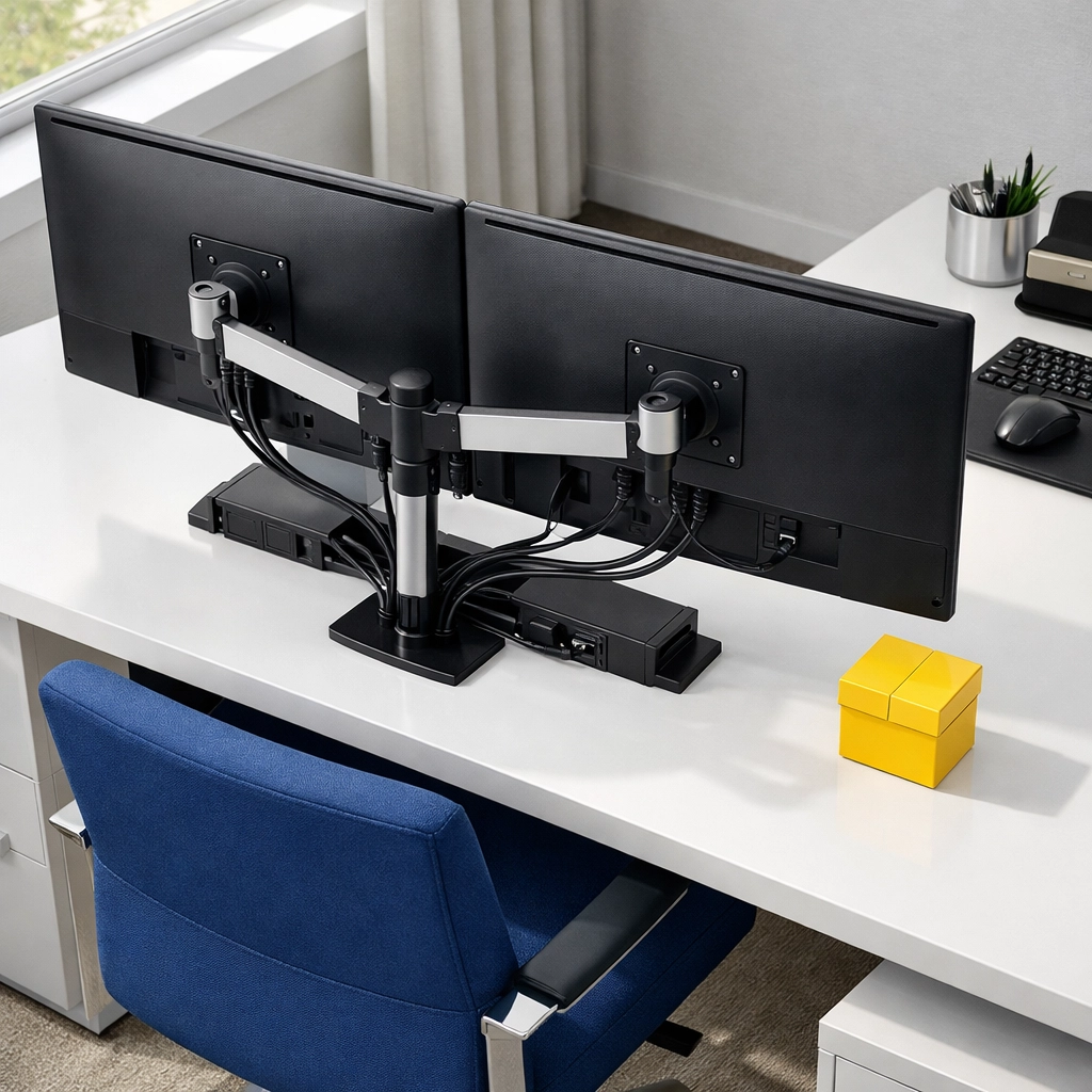 Dust-free office workstation with dual monitors after a professional deep cleaning service.