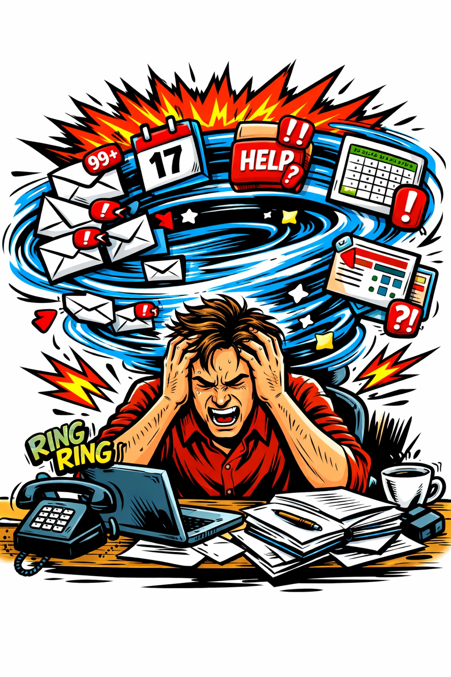 Overwhelmed small business owner surrounded by emails, calendars, and support tickets