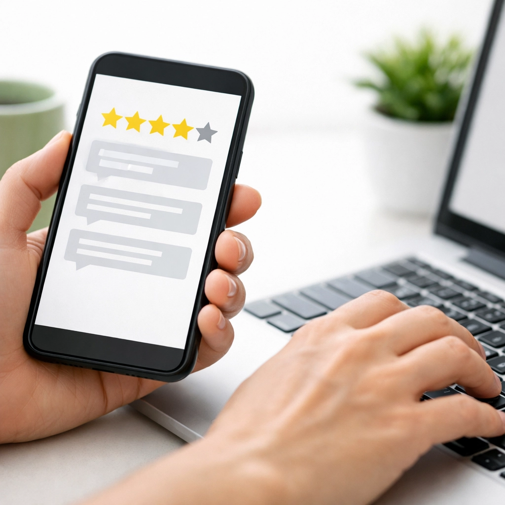 A business owner responding to customer reviews on a Google Business Profile using a smartphone and laptop.