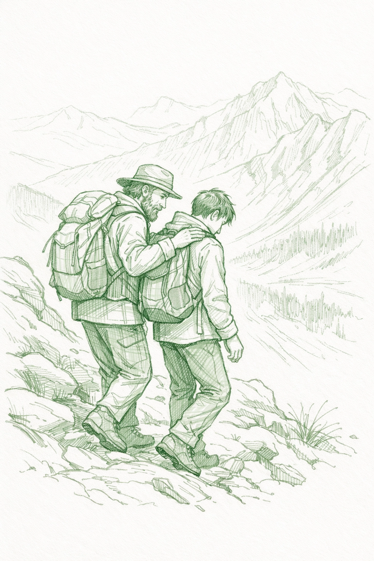 Male climbers descending mountain together after summit passion in MM outdoor romance