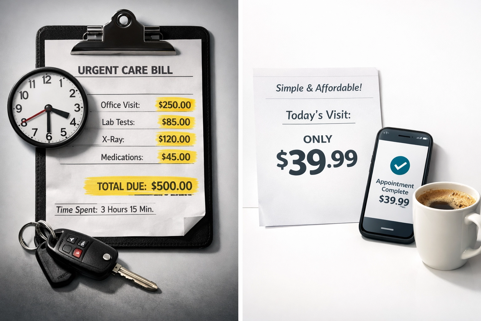 Cost comparison showing urgent care expenses versus affordable $39.99 online medical chat