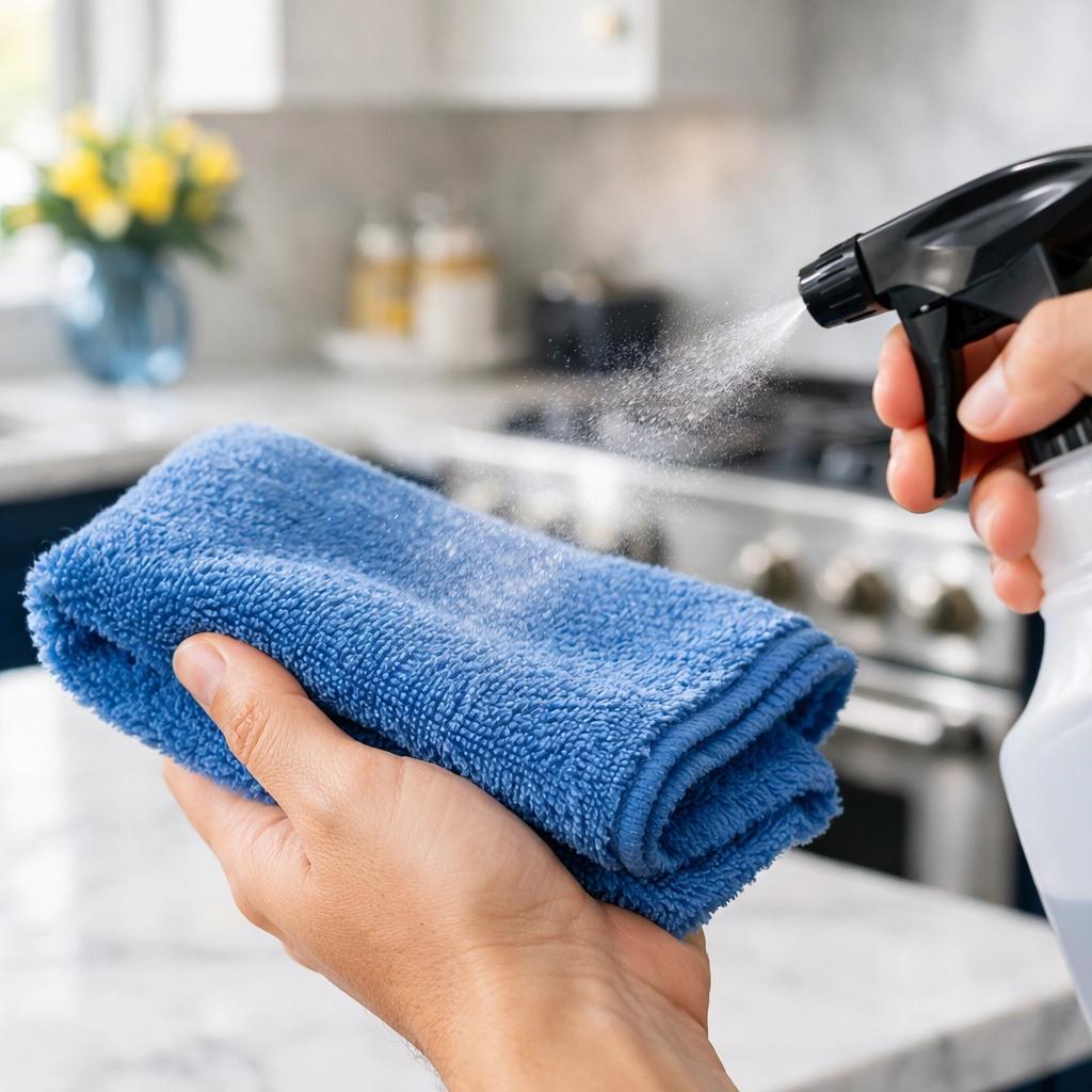 Professional house cleaning in Worcester MA using a microfiber cloth to prevent surface damage.