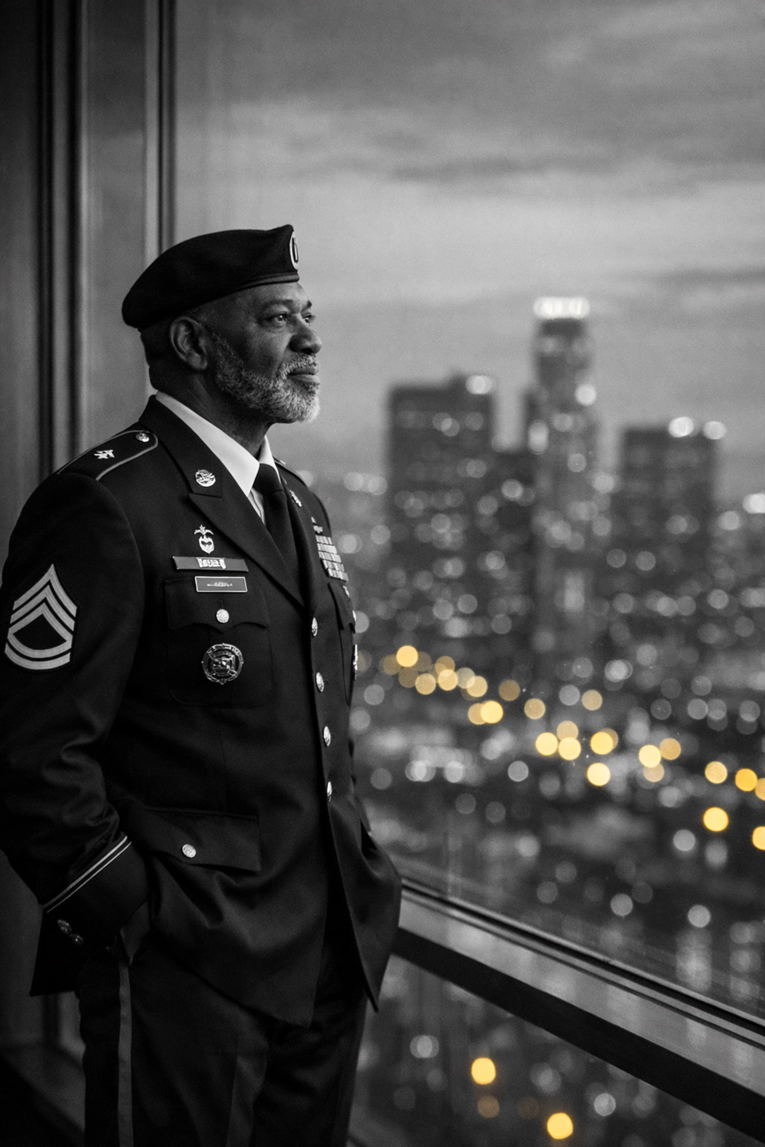 Resilient Black veteran standing confidently in a city office, finding peace through faith and leadership.