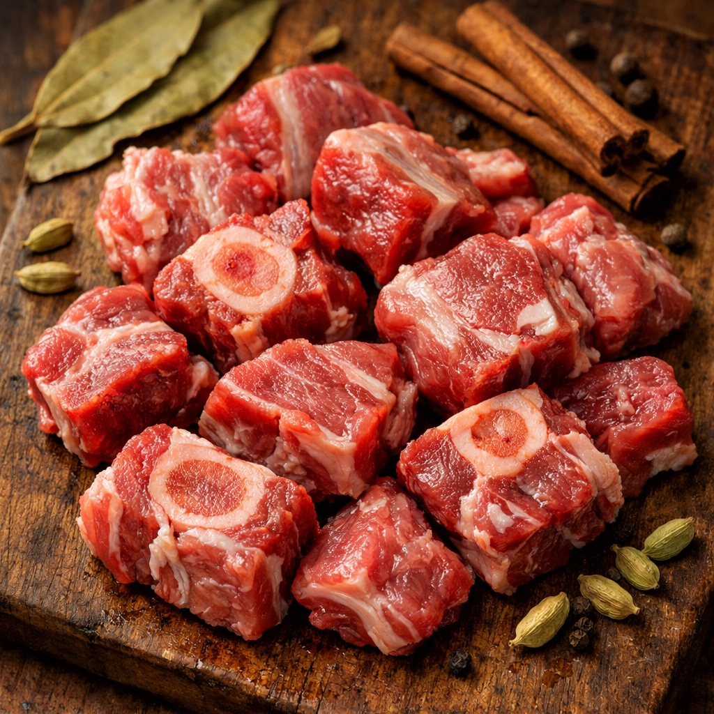 Fresh mutton biryani cut pieces with whole spices on wooden board