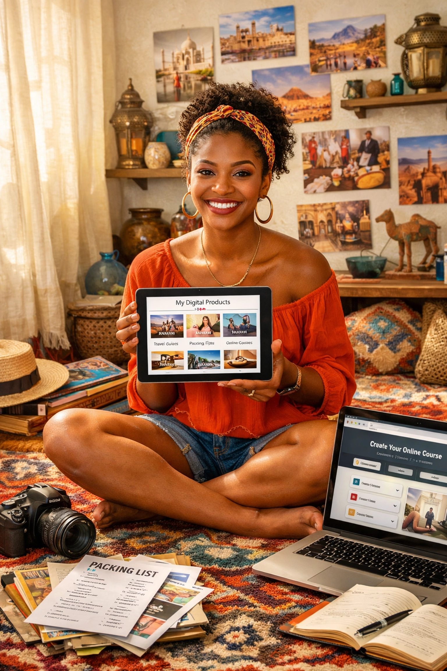 Travel content creator building digital products business from home office