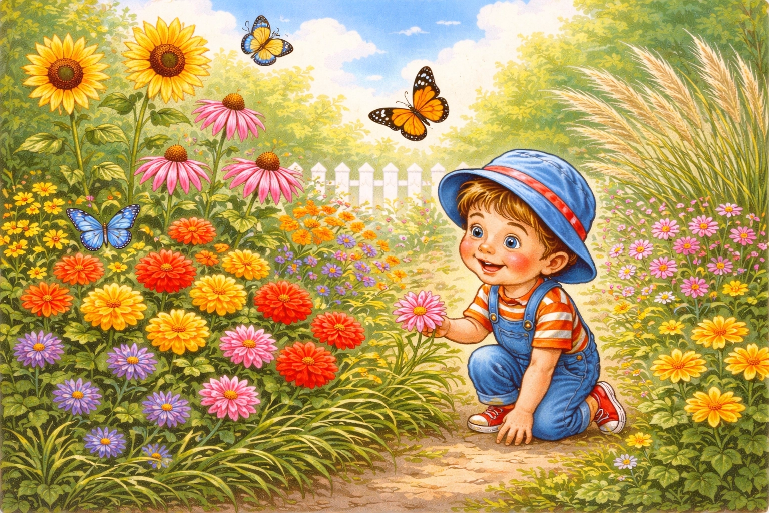 Child admiring colorful flowers and butterflies in a bright, cheerful sensory garden