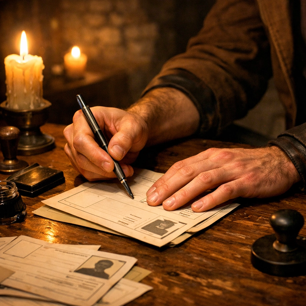 Hands of two men forging identity papers by candlelight in WWII resistance safe house