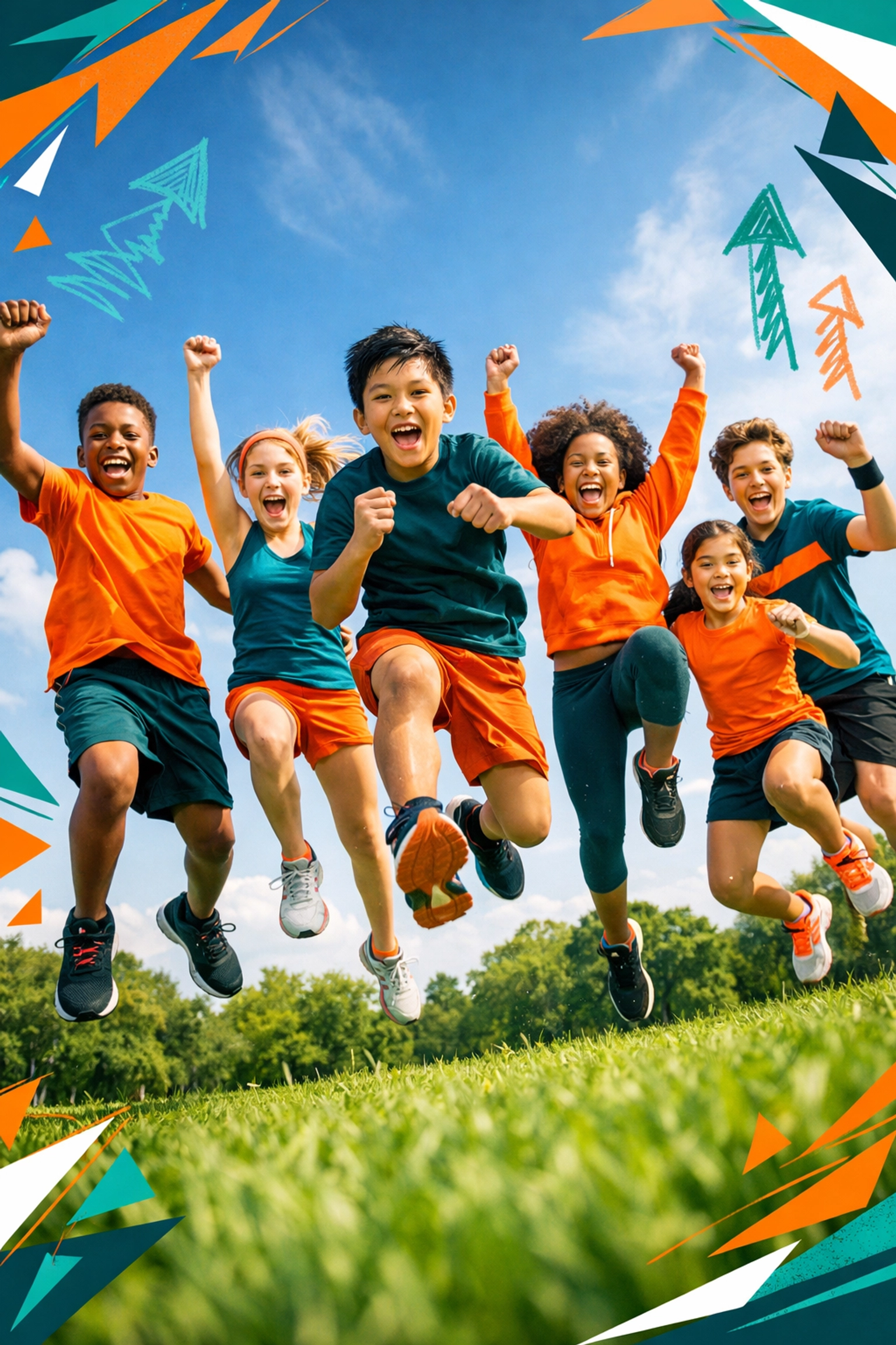 Diverse kids jumping for joy during the Easter Life Skills Bootcamp for future leaders.