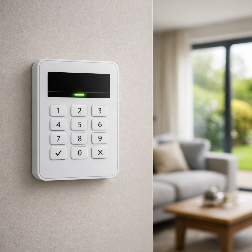 Modern wireless home security alarm keypad installed in a British living space for clean protection.