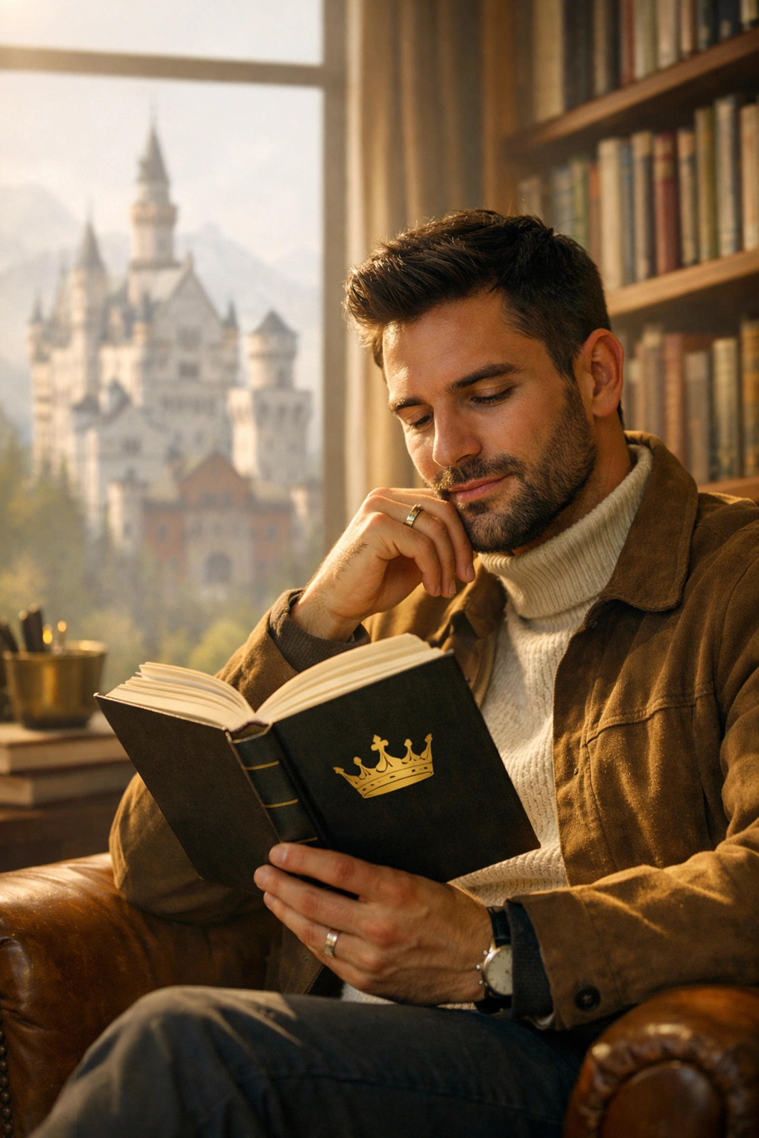 A modern gay man reading MM romance books with Neuschwanstein Castle in the background, exploring LGBTQ+ fiction.