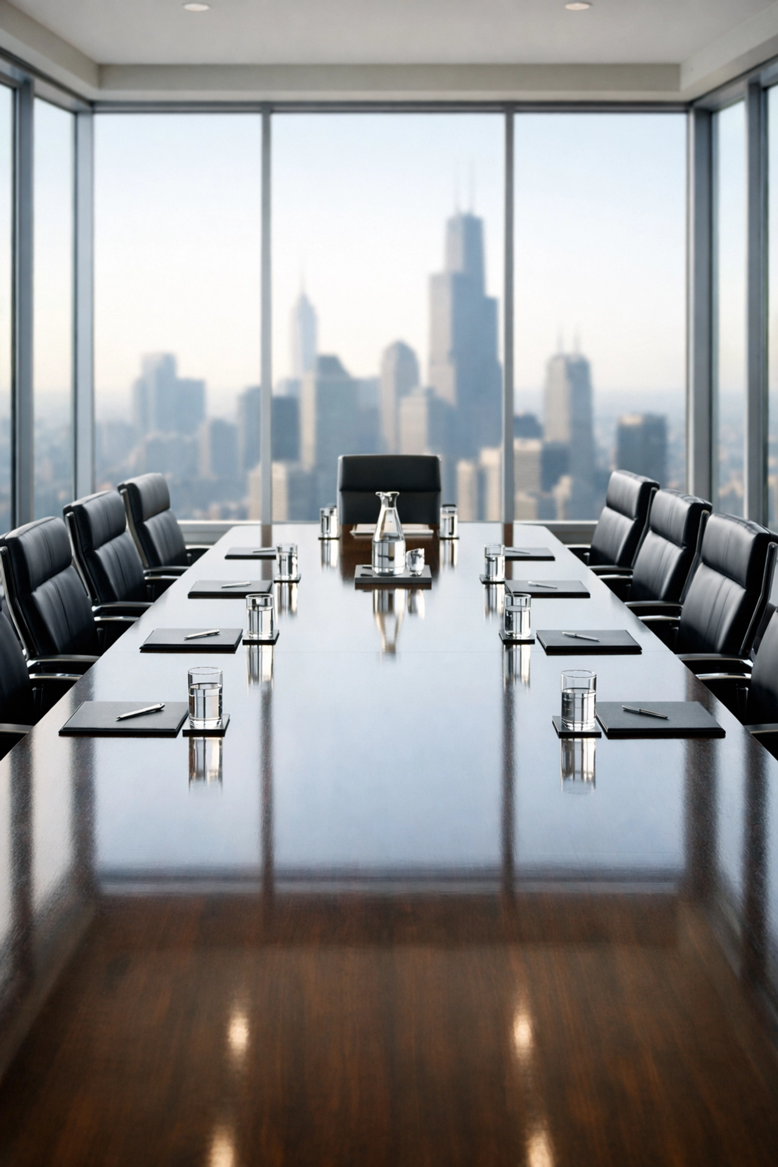 Modern corporate boardroom in a Chicago high-rise representing professional office cleaning services in CHI.