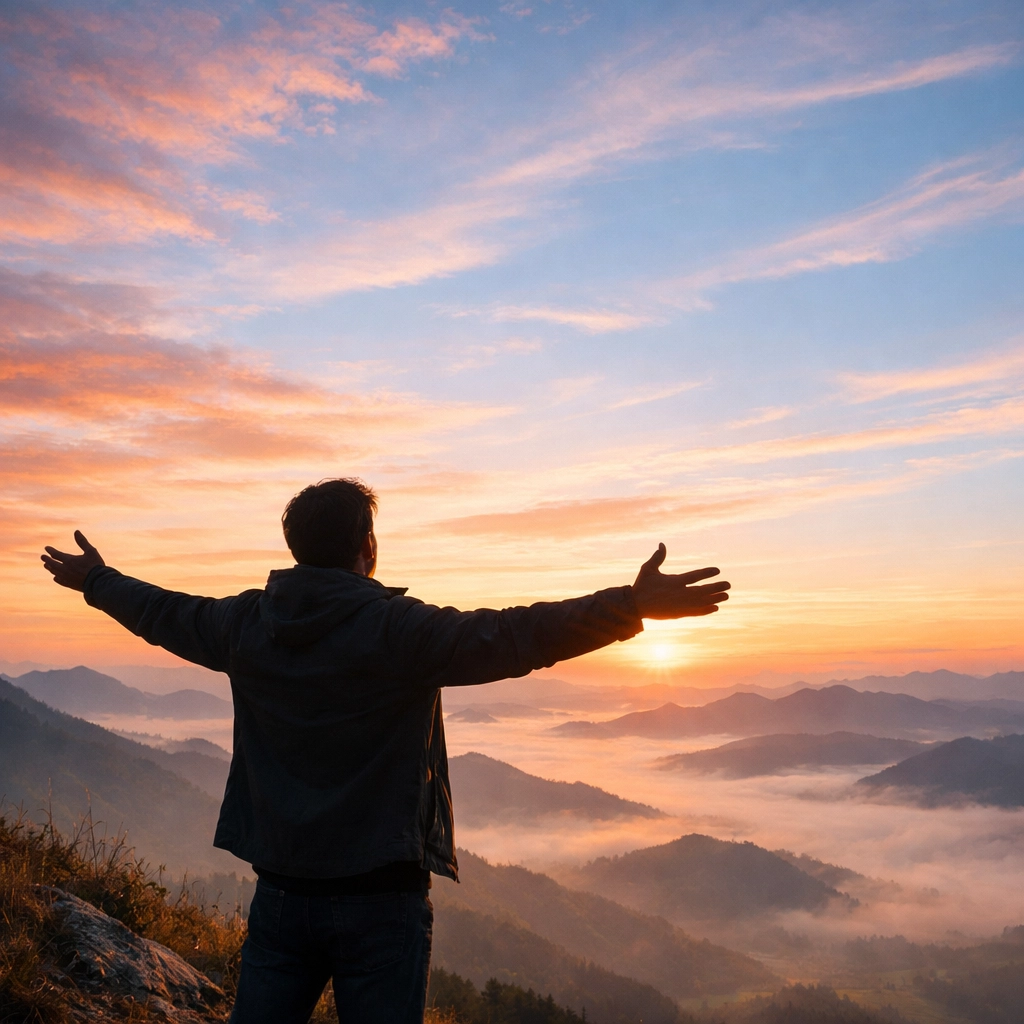 Person with arms raised at sunrise celebrating freedom and new life in Christ