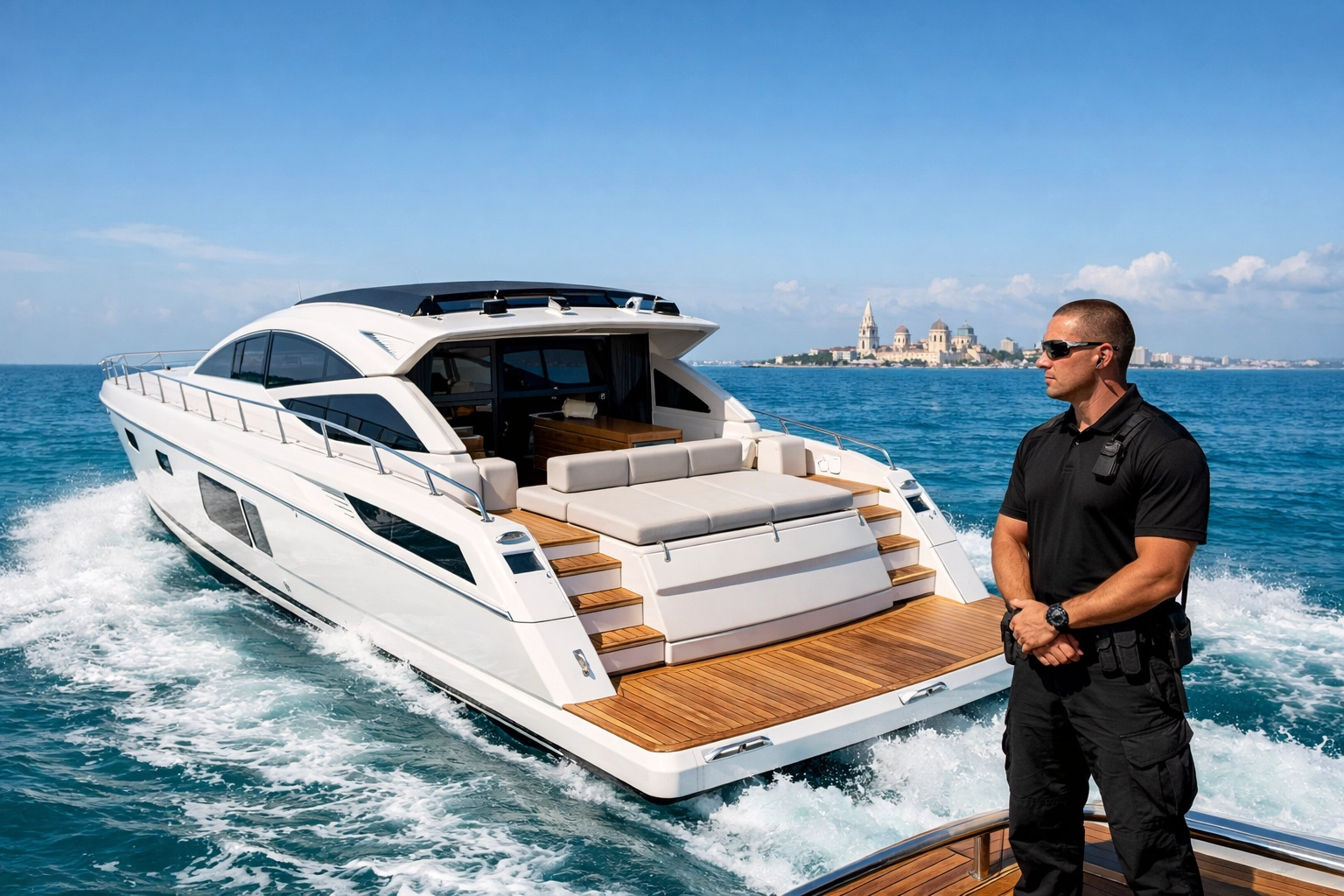 Professional maritime security agent on a luxury yacht in Cartagena providing VIP protection for travelers.