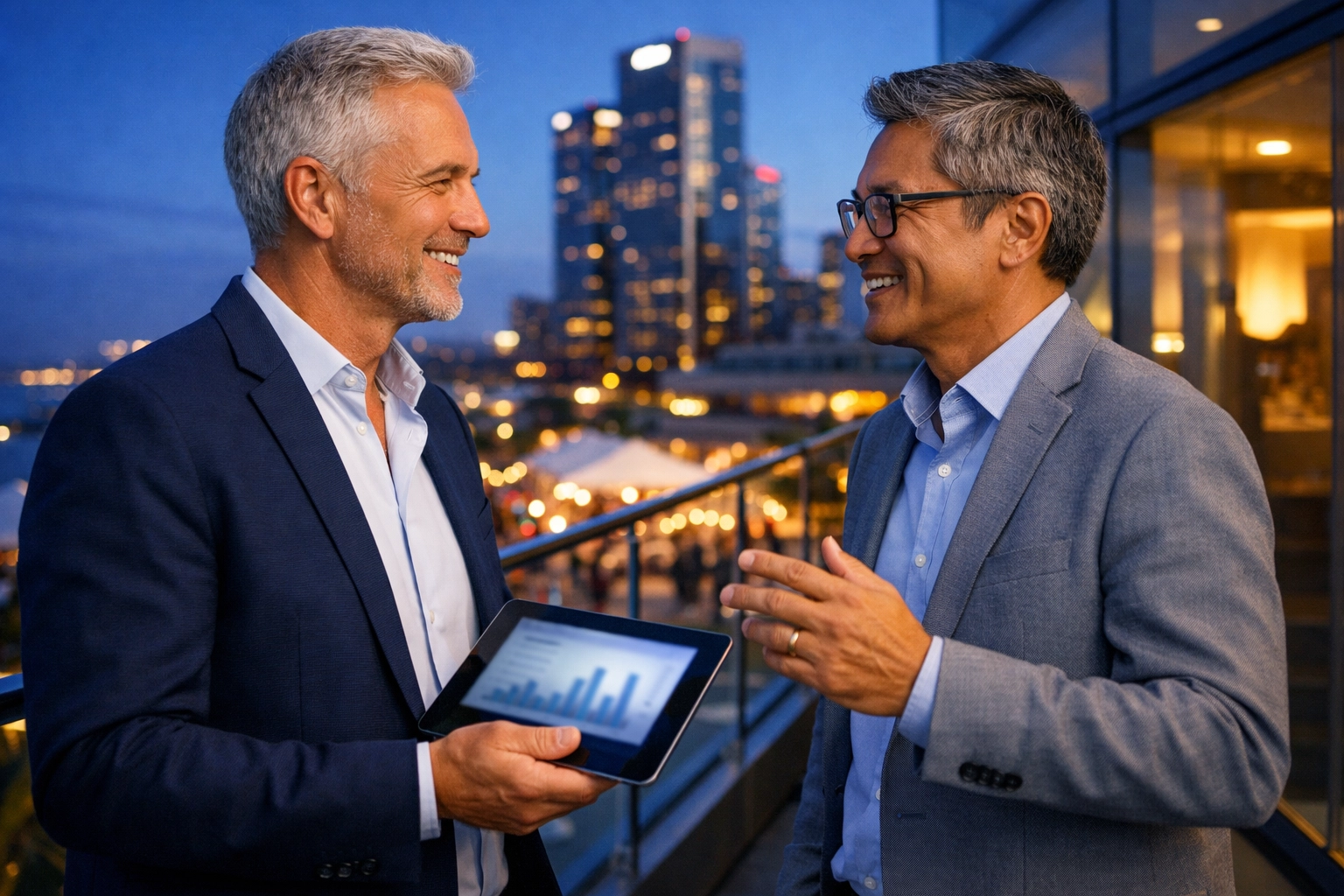 Corporate executives networking on a skyline terrace during a Super Bowl brand activation event.