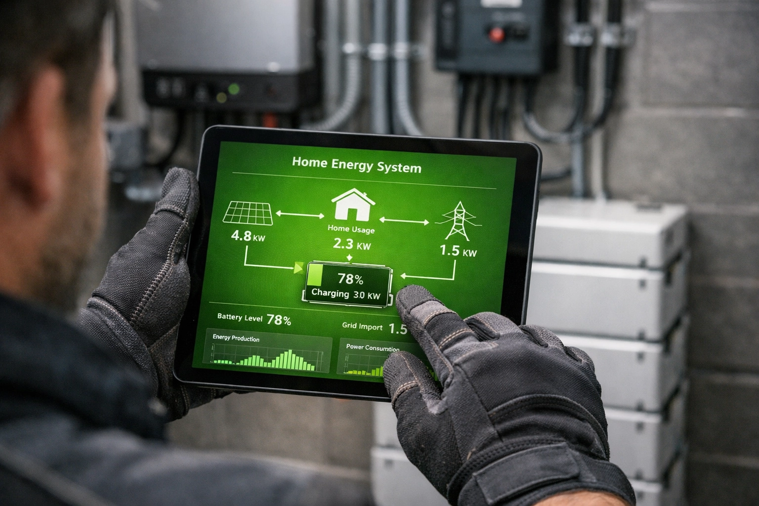 Professional technician using a digital tablet to monitor a home solar battery storage system.